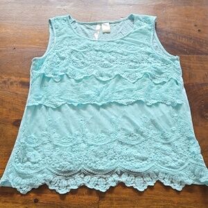 Forgotten Grace Floral Lace Tiered Aqua Tank Top Size Large